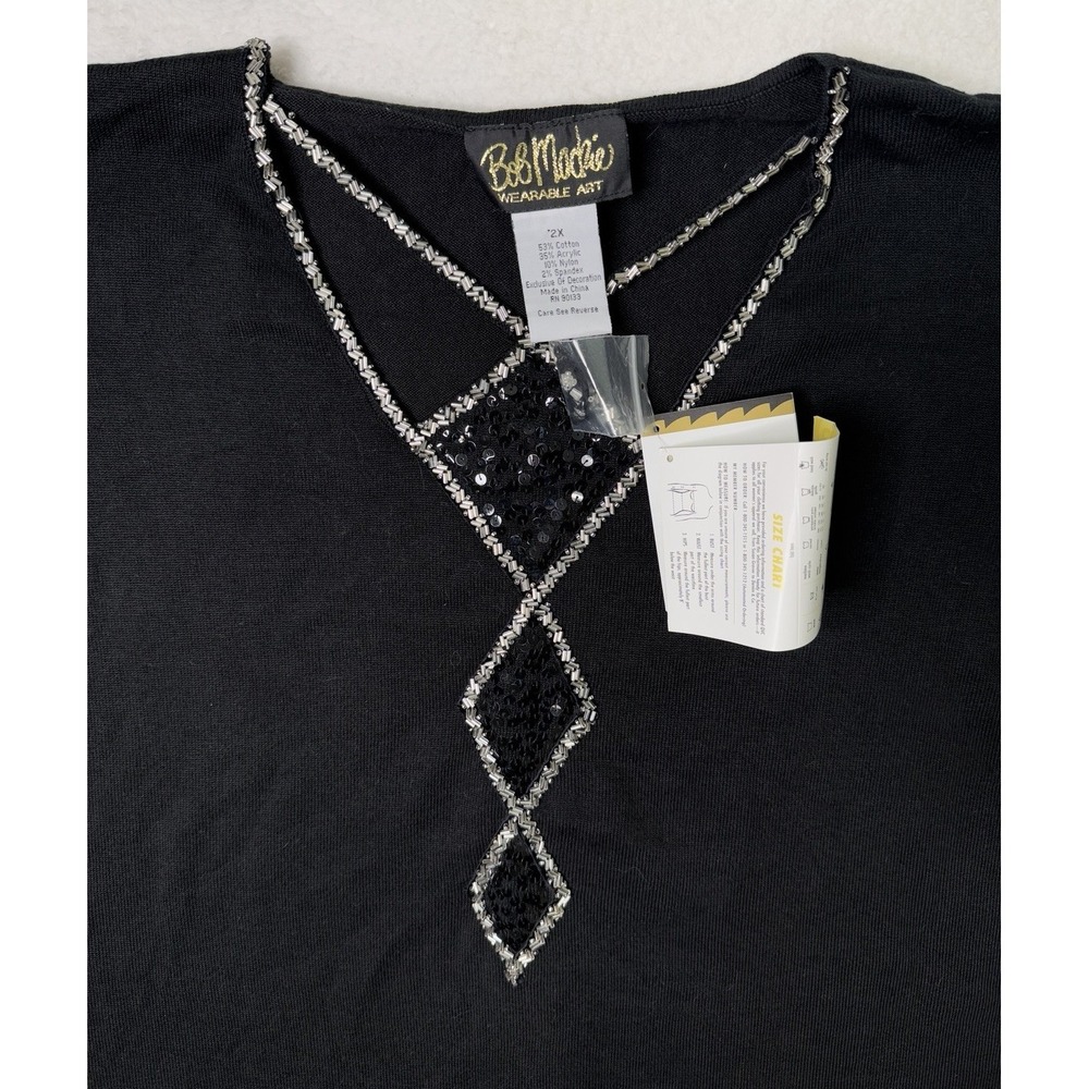 Bob Mackie Wearable Art Womens Sweater Top Black Sequin Open Neckline Beaded 2X
